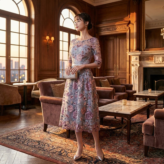 aaron ミディアムドレス パープル S M L XL XXL 即日発送 即納 結婚式 パーティードレス 体型カバー 小柄 ゆったり マタニティ ブラジャー 20代 30代 40代 50代 ブランド ワンピース シャンパン 夏 持ち運び