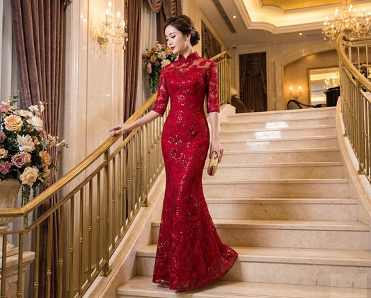 即納ドレス あす楽 liina マーメイドドレス レッド S M L XL XXL XXXL 即日発送 明日 届く 結婚式 大きいサイズ 演奏会 パーティードレス ロングドレス お呼ばれ ドレス ワンピース 二次会 発表会 母親 フォーマルドレス 袖あり フォーマル パーティー 披露宴 同窓会 アフタヌーン ドレス ママ ドレス ミセス 七分袖 洋装 長袖 マザーズ ドレス 演奏会用 ドレス レディース Aライン