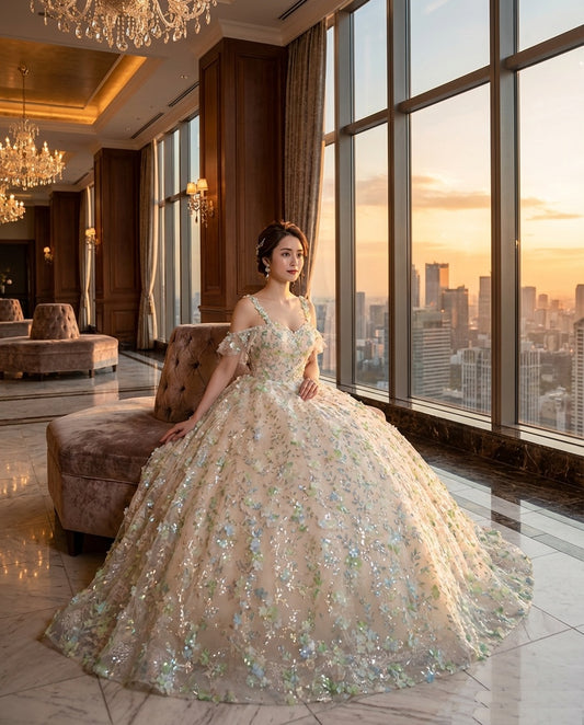 Gala (着丈 サイズオーダー可能) Aラインドレス ロングドレス オーダーメイド 高級ドレス ボリュームドレス パーティードレス ノースリーブドレス チュールドレス 演奏会ドレス 晩餐会 ホテルラグジュアリー 夜景サンセット 大窓ロケーション 繊細スパンコール 透明感発光 シルエット美補正 気品ある佇まい 大人の余裕 特別な夜 主役級存在感 日本人女性向け(ベージュ)