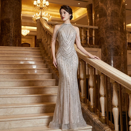 豪華オールビジュードレス aemilius マーメイドドレス シルバー S M L XL XXL 即日発送 即納 結婚式 パーティードレス 体型カバー 小柄 ゆったり マタニティ ブラジャー 20代 30代 40代 50代 ブランド ワンピース シャンパン 夏 持ち運び