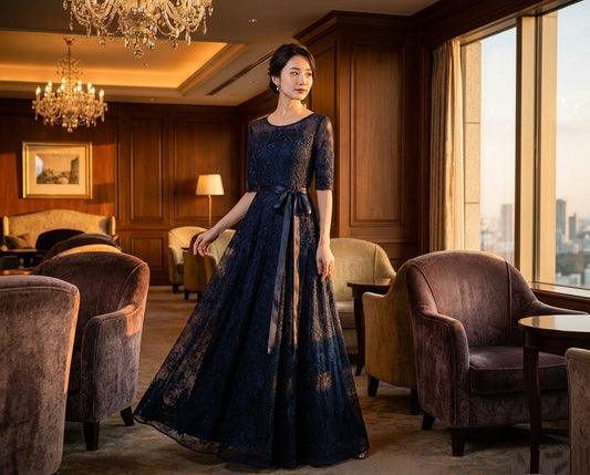 即納ドレス あす楽 maison Aラインドレス ネイビー グレー S M L XL XXL 即日発送 明日 届く 結婚式 大きいサイズ 演奏会 パーティードレス ロングドレス お呼ばれ ドレス ワンピース 二次会 発表会 母親 フォーマルドレス 袖あり フォーマル パーティー 披露宴 同窓会 アフタヌーン ドレス ママ ドレス ミセス 七分袖 洋装 長袖 マザーズ ドレス 演奏会用 ドレス レディース Aライン