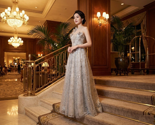 Triana (着丈 サイズオーダー可能) マーメイドドレス ロングドレス オーダーメイド 高級ドレス パーティードレス フォーマルドレス ノースリーブドレス 演奏会ドレス 晩餐会 ホテルウェディング 大階段シーン映え シルバーグレー 繊細ビジュー レース刺繍 上質シアー素材 縦ライン強調 体型美補正 気品ある立ち姿 大人の余裕 静かな色香 主役級存在感 日本人女性向け(グレー)