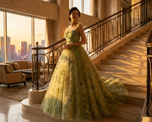 Greta オーダーメイド 高級 Aラインドレス レース ノースリーブ 夢を纏う 永遠の輝き 演奏会 ロング丈 (グリーン)