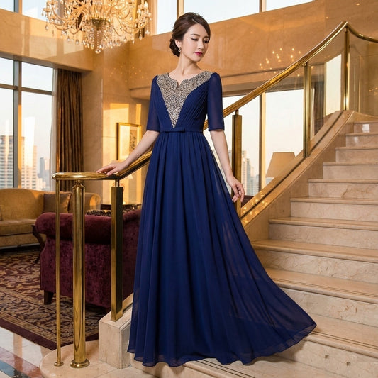 marf オーダーメイド Aラインドレス ビジューロング 優雅シフォン 結婚式 パーティー 上品エレガンス (ネイビー)