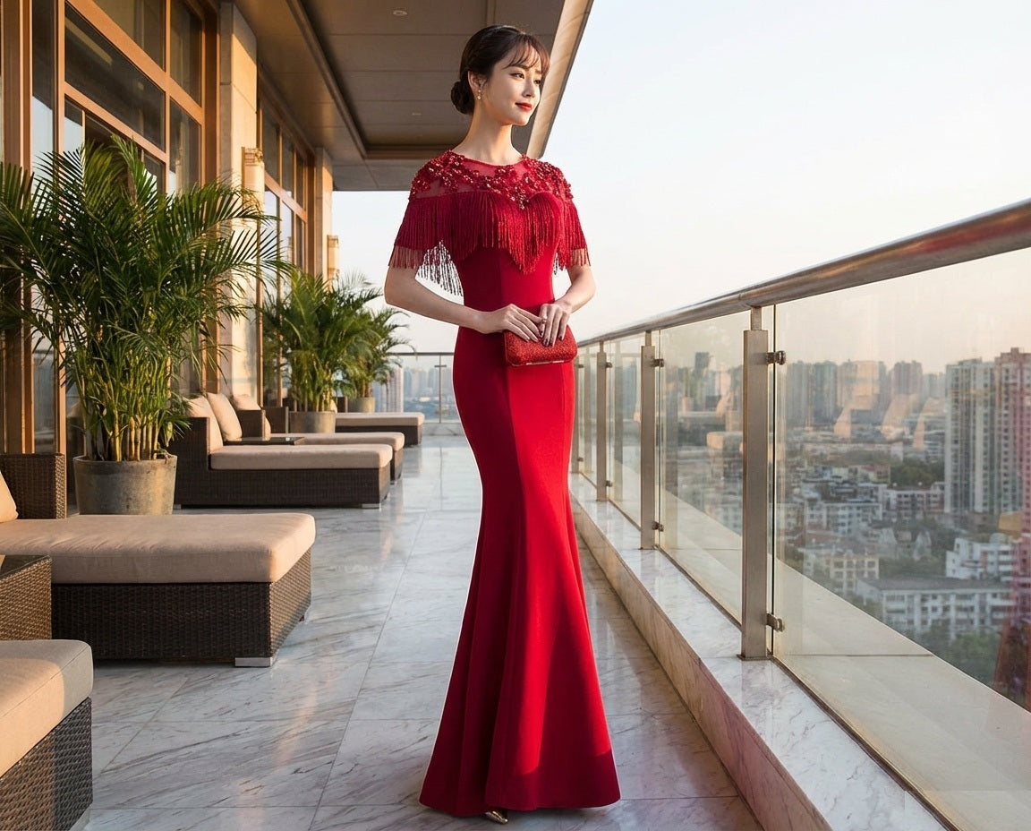 pradon マーメイドドレス レッド ロング ミディアム S M L XL XXL 即日