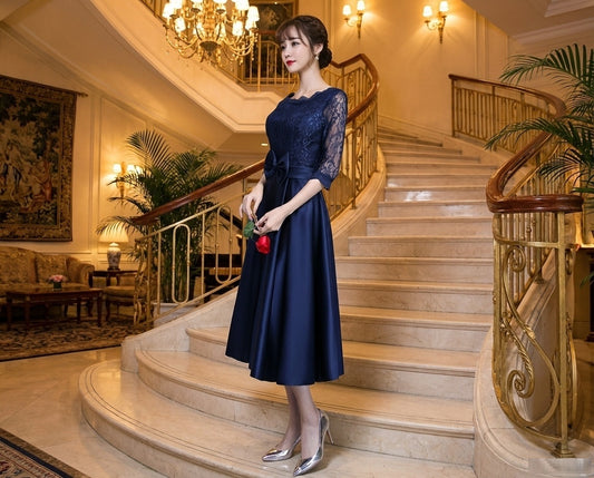 biaiardo Aラインドレス ネイビー S M L XL XXL 即日発送 即納 結婚式 パーティードレス 体型カバー 小柄 ゆったり マタニティ ブラジャー 20代 30代 40代 50代 ブランド ワンピース シャンパン 夏 持ち運び