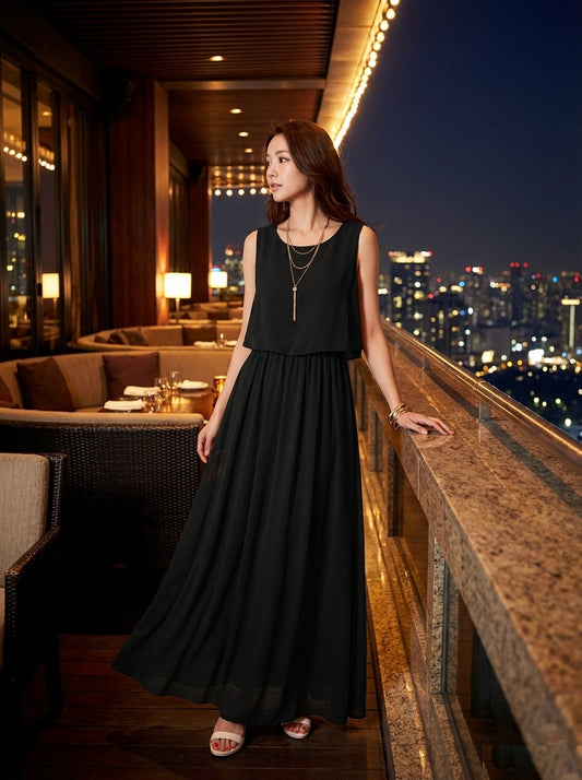 Charlotte オーダーメイド Aラインドレス ブラックロング シフォンレイヤード 都会エレガンス(ブラック)