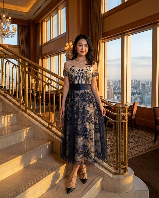 veronica Aラインドレス ネイビー S M L XL XXL 即日発送 即納 結婚式 パーティードレス 体型カバー 小柄 ゆったり マタニティ ブラジャー 20代 30代 40代 50代 ブランド ワンピース シャンパン 夏 持ち運び