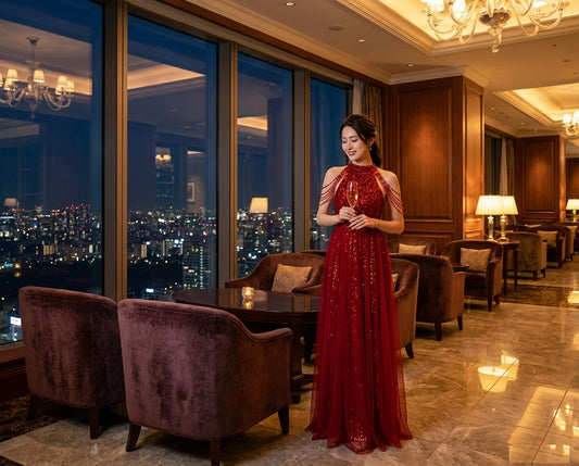 Damian Aラインドレス レッド ロング シアーハイネック 夜景エレガンス オーダーメイド (レッド)