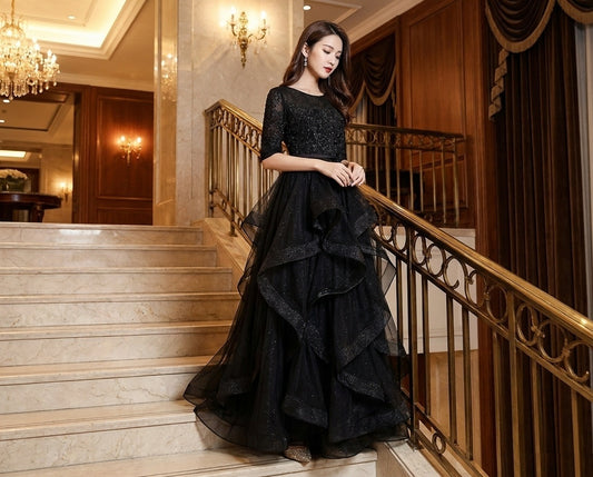 Rauni オーダーメイド Aラインドレス ティアード 袖あり ロング 演奏会 発表会 洗練された気品 (ブラック)