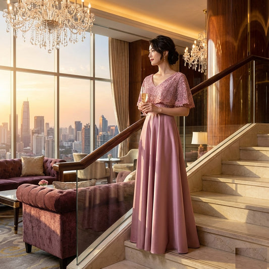 cazauran (着丈 サイズオーダー可能) Aラインドレス ロングドレス ノースリーブドレス オーダーメイド 高級ドレス ピンクドレス フォーマルドレス パーティードレス 結婚式 演奏会 二次会 宮殿ホテル 大階段 サンセット光 上質素材 サテン シフォン フレアライン 美シルエット 大人女性 気品 透明感 優美 主役級存在感 日本人女性 (ピンク)