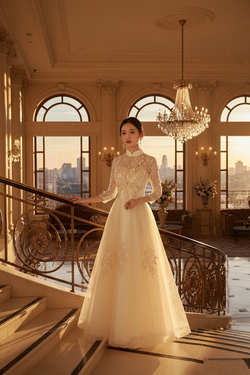 アルカドレス(ARUKA DRESS) Damian オーダーメイド(着丈・サイズ可) Aラインロングドレス ホワイト ハイネック シースルースリーブ 結婚式/披露宴/二次会 フォーマル 体型カバー 大きいサイズ 清楚 （ホワイト）XS S M L XL XXL XXXL main image 1