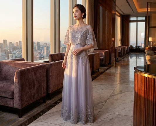 Luna オーダーメイド Aライン刺繍ロング ケープチュール透明感エレガンス 優雅シルエット(グレー)