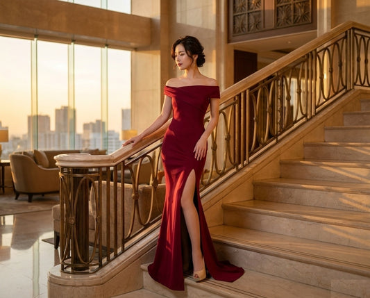 lucinda (着丈 サイズオーダー可能) マーメイドドレス ロングドレス ノースリーブドレス スリットドレス オーダーメイド 高級ドレス レッドドレス フォーマルドレス パーティードレス 結婚式 演奏会 二次会 宮殿ホテル 大階段 夕景逆光 上質素材 サテンドレープ 曲線美 美脚効果 大人女性 気品 透明感 女神 主役級存在感 日本人女性 (レッド)