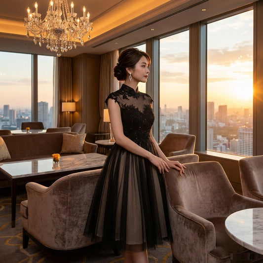 Serina Aラインドレス ブラック レースシアートップ ショートエレガンス 気品美 オーダーメイド(ブラック)