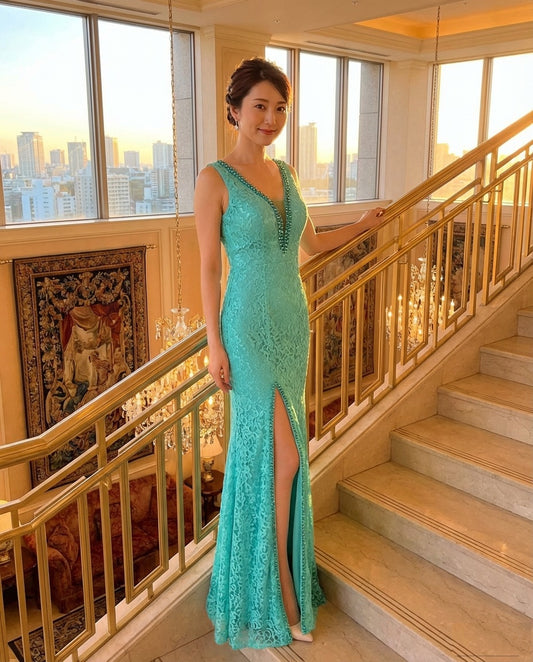 即納ドレス あす楽 yolanda スリットドレス グリーン S M L XL XXL 即日発送 明日 届く 結婚式 大きいサイズ 演奏会 パーティードレス ロングドレス お呼ばれ ドレス ワンピース 二次会 発表会 母親 フォーマルドレス 袖あり フォーマル パーティー 披露宴 同窓会 アフタヌーン ドレス ママ ドレス ミセス 七分袖 洋装 長袖 マザーズ ドレス 演奏会用 ドレス レディース Aライン