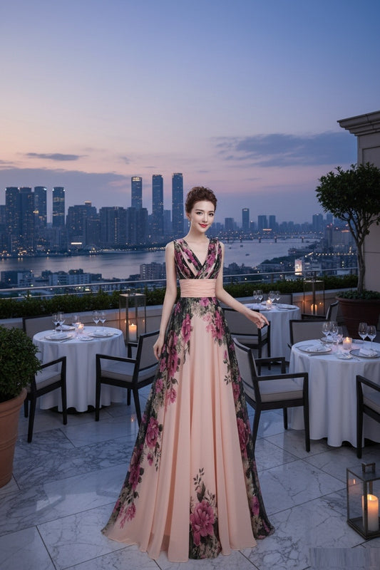 emilia (着丈 サイズオーダー可能) オーダーメイド マーメイドドレス ロングドレス フラワードレス ノースリーブドレス ピンクドレス フォーマルドレス 上質素材 ブラックフローラル刺繍 ペールピンク フィッシュテール ボディライン強調 高層テラス 夕景 夜景ライティング 気品 色香 大人女性 正装 結婚式 披露宴 演奏会 晩餐会 パーティー 高級感 日本人女性向け (ピンク)XS S M L XL XXL XXXL