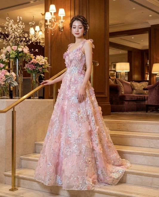 amparo オーダーメイド Aラインドレス 圧倒的な美しさ 立体花飾り ビジューベルト 演奏会 ロング丈 (パープル)