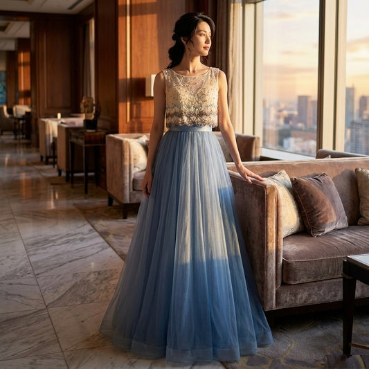 theodora オーダーメイド Aラインドレス ロングドレス ゴールドレース ブルーチュール 優雅エレガンス美 (ブルー)