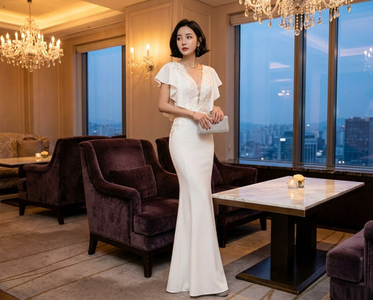 yolande オーダーメイド マーメイドドレス ホワイトフリルスリーブ 深Vネック ホテルラグジュアリーエレガンス (ホワイト)