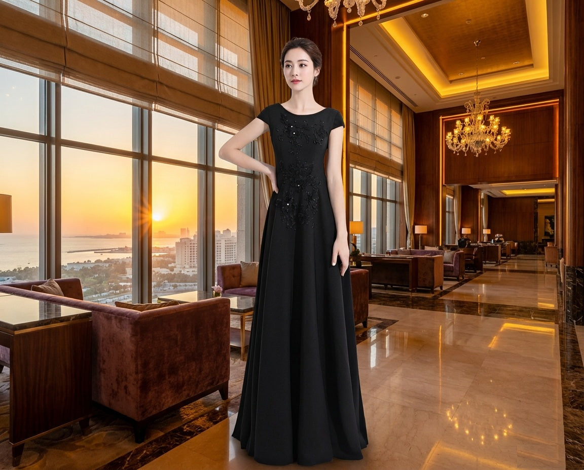 Sara オーダーメイド ロングドレス ノースリーブ Aライン ビジュー 晩餐会 静かな美しさ 特別の一日 (ブラック)