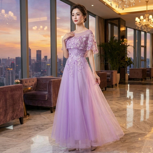 cyndy Aラインドレス パープル S M L XL XXL 即日発送 即納 結婚式 パーティードレス 体型カバー 小柄 ゆったり マタニティ ブラジャー 20代 30代 40代 50代 ブランド ワンピース シャンパン 夏 持ち運び