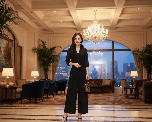 パーティードレス きれいめ レディース ファッション オールインワン パンツドレス 大きいサイズ ワイドパンツ シースルー パンツドレス 40代 結婚式 パンツドレス 30代 50代 60代 春 秋 アラサー アラフォー アラフィフ 七分袖 Vネック ウエストベルト ウエストマーク 黒