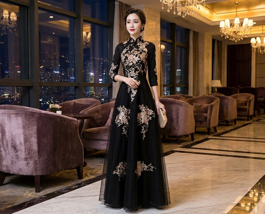 hugoniot ロングドレス (着丈 サイズオーダー可能) Aラインドレス オーダーメイド パーティードレス フォーマルドレス イブニングドレス ブラックドレス 総レースドレス シアー素材 長袖ドレス 透け感デザイン マキシ丈 気品 上質感 ラグジュアリー 大人女性 日本人女性 自然体 美しい佇まい ホテルラウンジ 夜景照明 静かな色気 特別な夜 主役級 楽天市場人気 結婚式 お呼ばれ 演奏会 (ブラック)XS S M L XL XXL XXXL