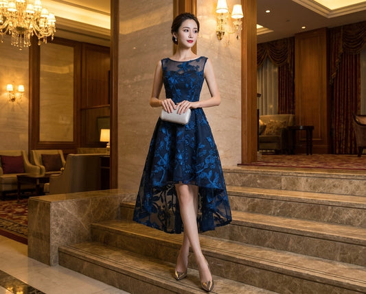 lenain (着丈 サイズオーダー可能) Aラインドレス フィッシュテールドレス ブルードレス オーダーメイド パーティードレス フォーマルドレス イブニングドレス レースドレス ミモレ丈 ハイロードレス ノースリーブ アシンメトリー 上質レース 立体裁断 美脚見せ 大人女性 気品 知的 高級感 洗練 階段ポージング 夜のホテル 照明光 特別な夜 主役級 存在感 写真映え (ブルー)