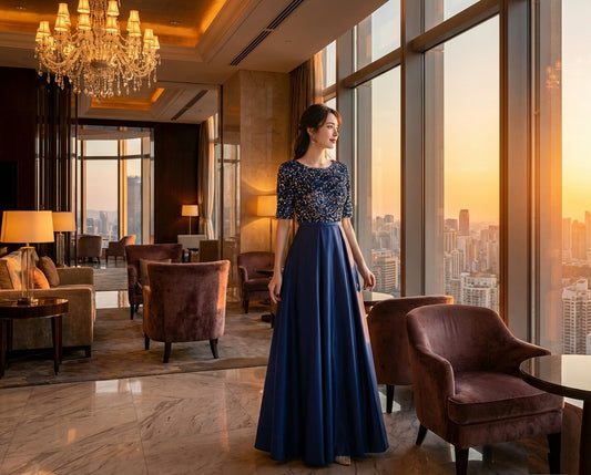 anezka Aラインドレス ネイビー S M L XL XXL 結婚式 大きいサイズ 演奏会 パーティードレス ロングドレス お呼ばれ ドレス ワンピース 二次会 発表会 母親 フォーマルドレス 袖あり フォーマル パーティー 披露宴 同窓会 アフタヌーン ドレス ママ ドレス ミセス 七分袖 洋装 長袖 マザーズ ドレス 演奏会用 ドレス レディース Aライン