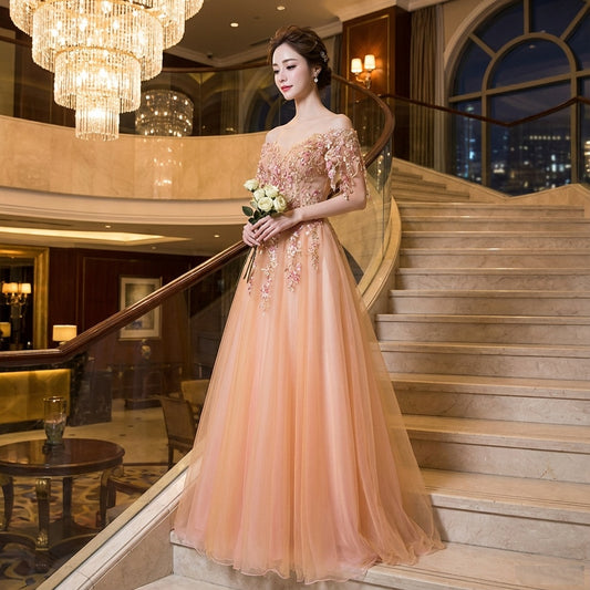 ayrault (着丈 サイズオーダー可能) オーダーメイド Aラインドレス ロングドレス チュールドレス ノースリーブドレス アプリコットドレス フォーマルドレス 上質素材 エアリーチュール ソフトカラー 透明感 気品 美シルエット 柔らかな光 幸福感 大人女性 正装 結婚式 披露宴 演奏会 晩餐会 パーティー 高級感 日本人女性向け (ゴールド)XS S M L XL XXL XXXL