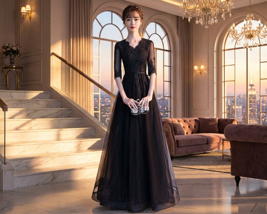 Clara オーダーメイド Aラインドレス ブラック 五分袖レース ロングエレガンス 夜会フォーマル 高級感(ブラック)