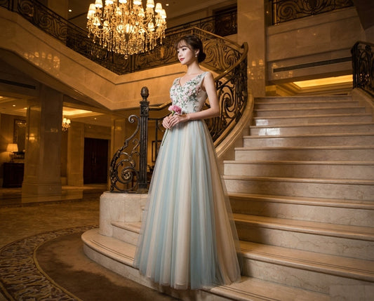 Ariel Aラインドレス ロングドレス フローラル刺繍 エアリーチュール オーダーメイド (グリーン)