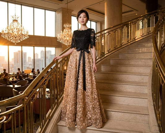 dintrich Aラインドレス ブラック/ゴールド ロング ミディアム XXS XS S M L XL XXL XXXL 即日発送 即納 結婚式 パーティードレス 体型カバー 小柄 ゆったり マタニティ ブラジャー 20代 30代 40代 50代 ブランド ワンピース シャンパン 夏 持ち運び