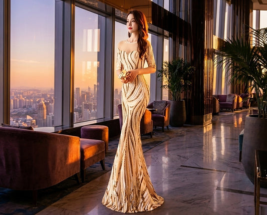 Aila (着丈 サイズオーダー可能) オーダーメイド マーメイドドレス ロングドレス 演奏会用ドレス パーティードレス イブニングドレス 演奏会 発表会 結婚式 二次会 キャバドレス タイト スパンコール 刺繍 五分袖 高級 気品 (ベージュ)