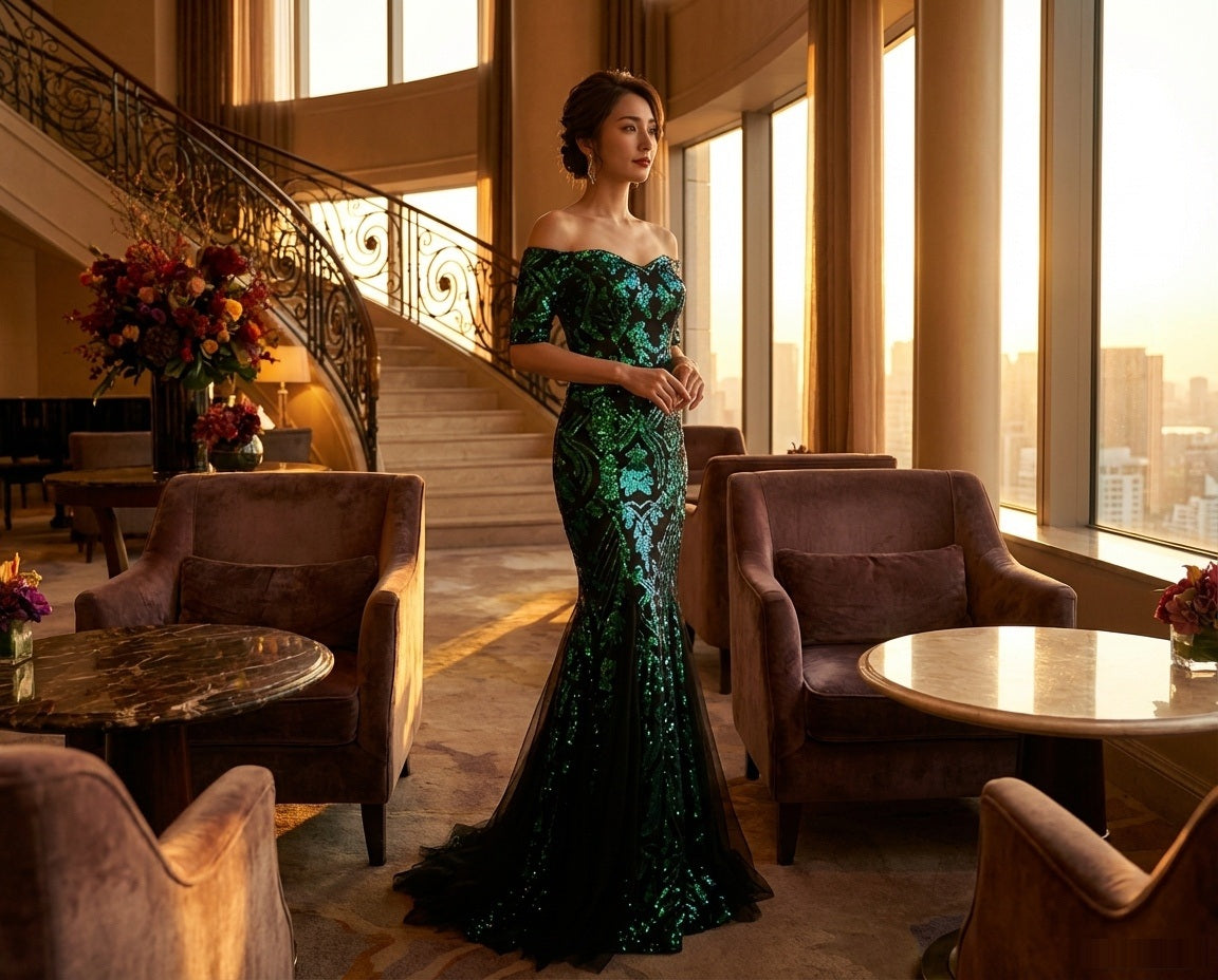 vidal マーメイドドレス (着丈 サイズオーダー可能) オーダーメイド ロングドレス ノースリーブドレス グリーンドレス エメラルドグリーン スパンコール ビジュー 刺繍 上質素材 高級感 気品 透明感 大人の余裕 静かな美しさ ルーフトップ テラス 夜景 シティビュー シャンデリア ナイトラグジュアリー 光演出 立体シルエット 美脚ライン 体型補正 フォーマル 晩餐会 特別な夜 (グリーン)