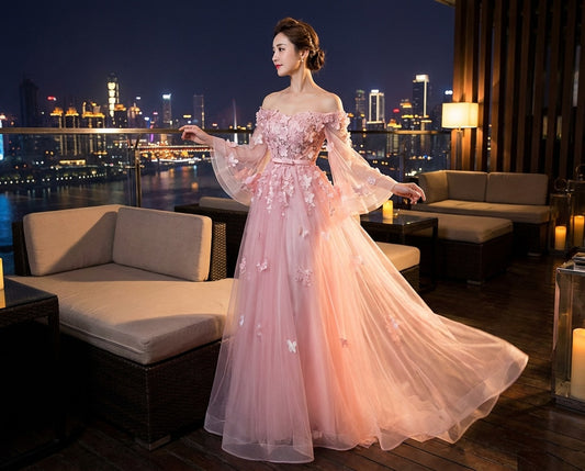 alejandra (着丈 サイズオーダー可能) Aラインドレス ロングドレス オーダーメイド 高級パーティードレス 上質チュール 透明感 ピンク ドレス 長袖シアー スリーブデザイン ウエストマーク 美シルエット 夜景テラス ホテルラグジュアリー 気品 大人女性 特別な夜 記念日 フォーマル 演奏会 主役級 (ピンク)