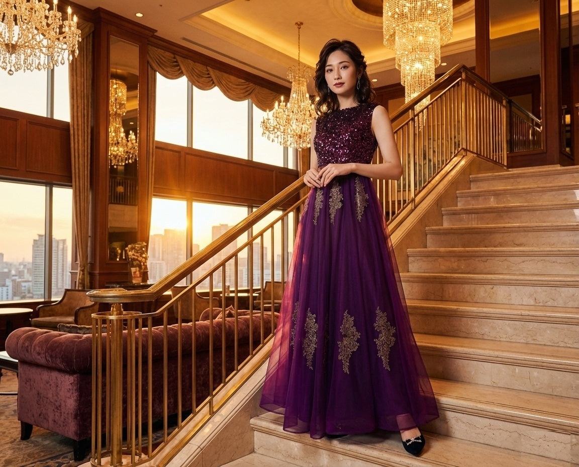 即納ドレス あす楽 a1401 ロングドレス パープル大人イブニングドレス