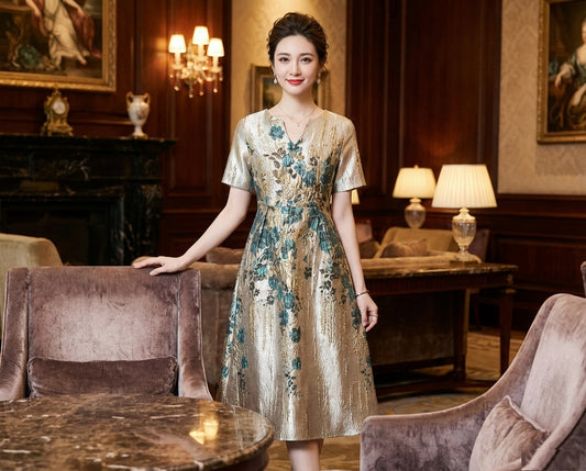 3-kfk3 (着丈 サイズオーダー可能) オーダーメイド ミディドレス フレアドレス ノースリーブドレス 花柄ドレス フォーマルドレス 上質素材 フローラルプリント セージグリーン 立体タック 美シルエット 軽やか 大人女性 上品 正装 パーティー 二次会 食事会 デイリー フェミニン 高級感 日本人女性向け (グレー)XS S M L XL XXL XXXL