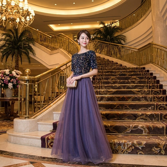 esteri Aラインドレス パープル ロング ミディアム XS S M L XL XXL XXXL 結婚式 大きいサイズ 演奏会 パーティードレス ロングドレス お呼ばれ ドレス ワンピース 二次会 発表会 母親 フォーマルドレス 袖あり フォーマル パーティー 披露宴 同窓会 アフタヌーン ドレス ママ ドレス ミセス 七分袖 洋装 長袖 マザーズ ドレス 演奏会用 ドレス レディース Aライン