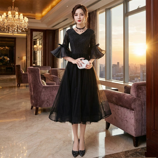 noor Aラインドレス ミディアム ブラック S M L XL XXL 即日発送 即納 結婚式 パーティードレス 体型カバー 小柄 ゆったり マタニティ ブラジャー 20代 30代 40代 50代 ブランド ワンピース シャンパン 夏 持ち運び