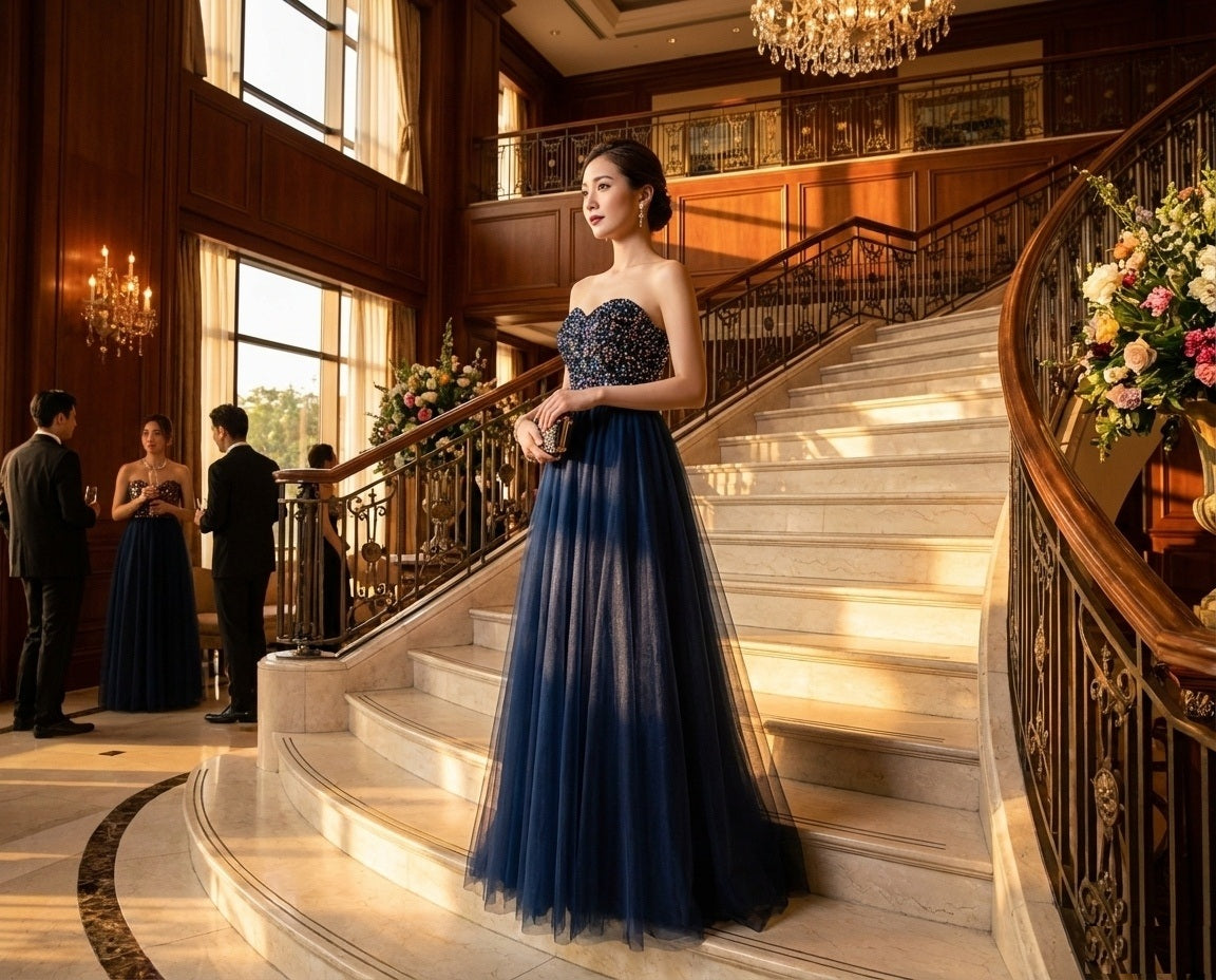 即納ドレス あす楽 elnan Aラインドレス ネイビー XS S M L XL XXL