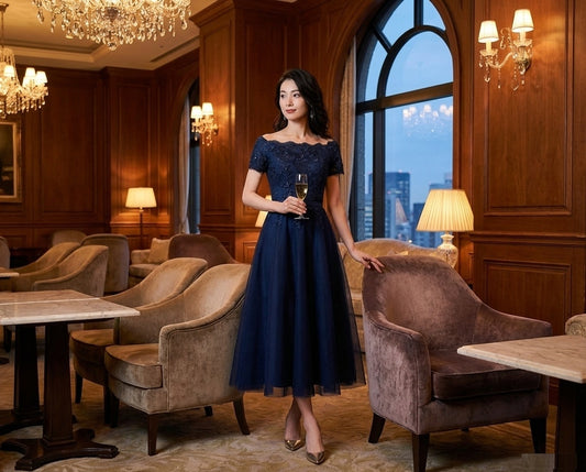 tuovi (着丈 サイズオーダー可能) ロングドレス Aラインドレス ノースリーブドレス オーダーメイド 高級ドレス ネイビードレス フォーマルドレス パーティードレス 結婚式 演奏会 二次会 高級ホテル ラウンジ シャンデリア 上質素材 サテン マット質感 縦ライン 美シルエット 大人女性 気品 透明感 知的 洗練 主役級存在感 日本人女性 (ネイビー)