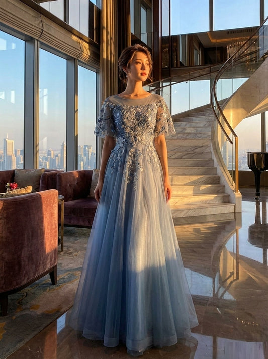 jennie オーダーメイド Aラインドレス ロングドレス 立体フラワーレース 透明感チュール優雅美 (ブルー)