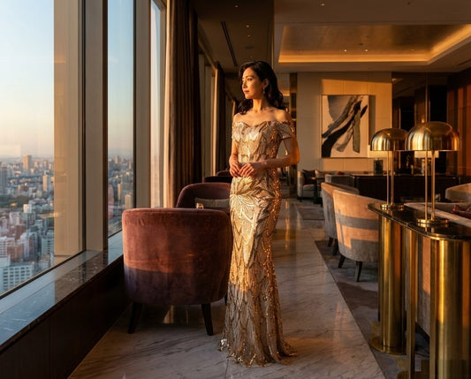 Marcellia マーメイドドレス ラグジュアリーゴールド 立体刺繍 スパンコール輝き オーダーメイド (ゴールド)
