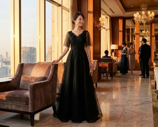 即納ドレス あす楽 moineau Aラインドレス ブラック XS M L XL XXL XXXL 即日発送 明日 届く 結婚式 大きいサイズ 演奏会 パーティードレス ロングドレス お呼ばれ ドレス ワンピース 二次会 発表会 母親 フォーマルドレス 袖あり フォーマル パーティー 披露宴 同窓会 アフタヌーン ドレス ママ ドレス ミセス 七分袖 洋装 長袖 マザーズ ドレス 演奏会用 ドレス レディース Aライン