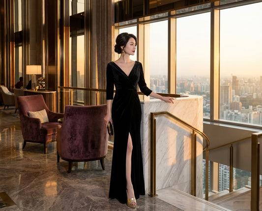 t6401blc オーダーメイド スリットドレス ロングタイト 深V七分袖 都会的ラグジュアリー艶美 (ブラック)