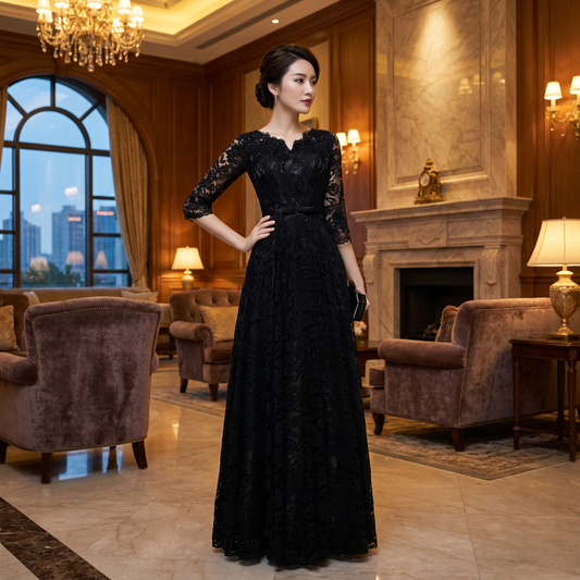 アルカドレス(ARUKA DRESS) aconetta オーダーメイド 総レース Aラインロングドレス 五分袖 結婚式/披露宴/二次会 パーティードレス 体型カバー 大きいサイズ 高級感 クラシカル 美シルエット (ブラック)XS S M L XL XXL XXXL