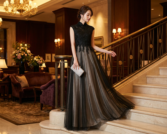 Amelia Aラインドレス ブラック ハイネックレース グラデーションロング 優雅シルエット オーダーメイド(ブラック)