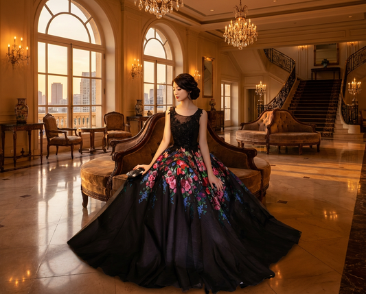 Serena オーダーメイド Aラインドレス ブラックフローラル 刺繍ロング 夕陽エレガンス(ブラック)